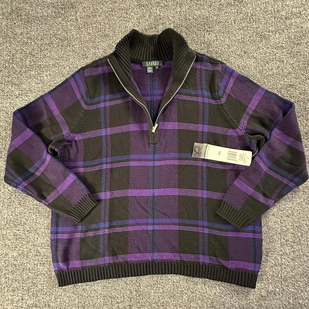 Lauren Ralph Lauren Purple Women's‎ Cotton Plaid Half-Zip Sweater 1X #647